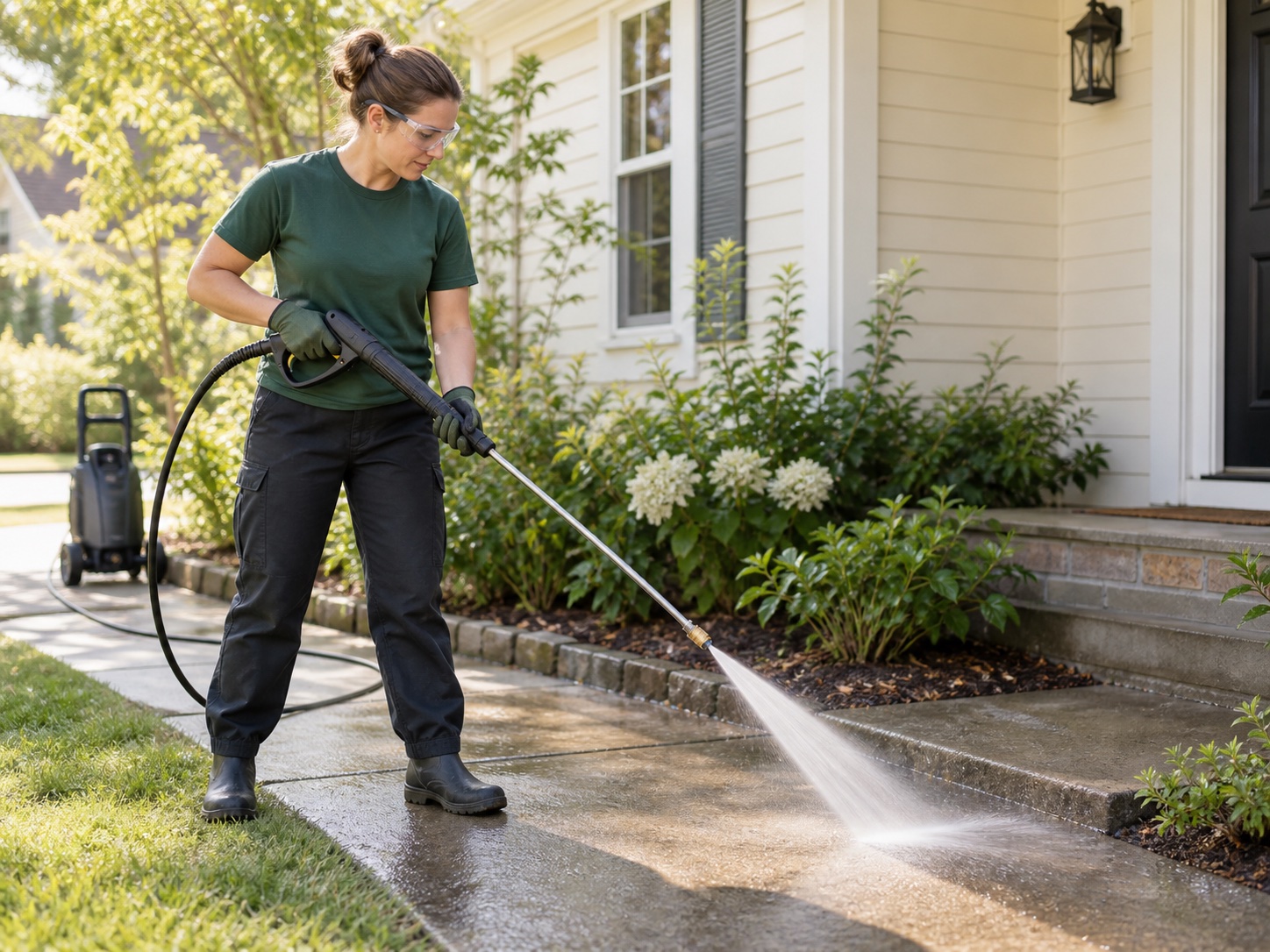 A pressure washing professional cleaning a concrete path outside a home