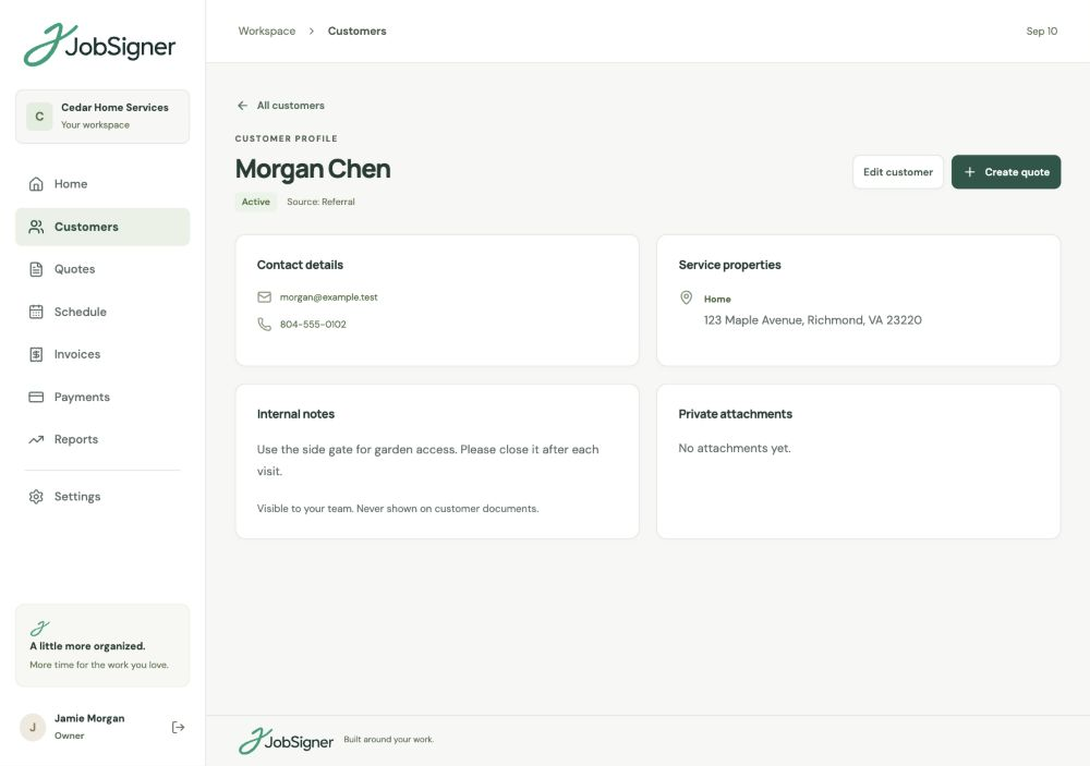 A JobSigner customer record showing contact information and service properties