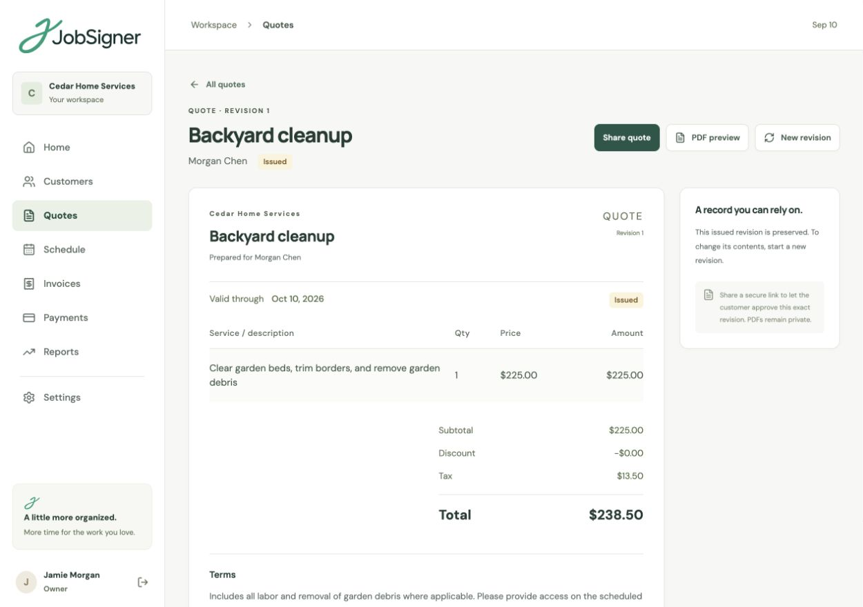 JobSigner quote showing services, pricing, and customer approval status