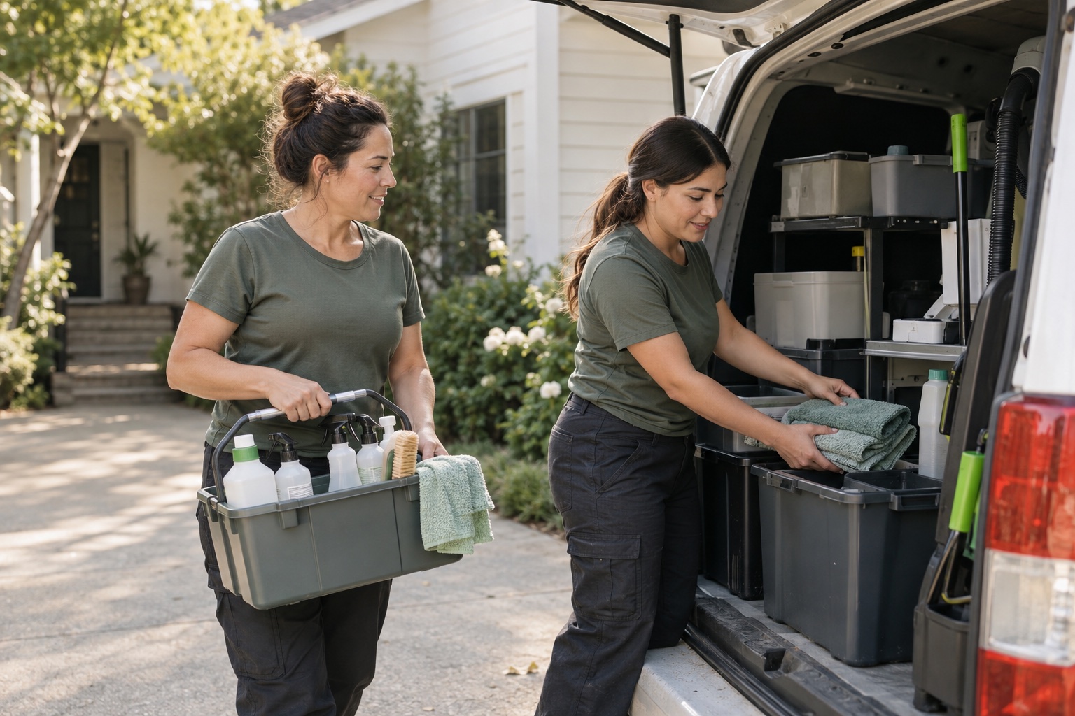 Two service professionals preparing supplies before their next customer visit